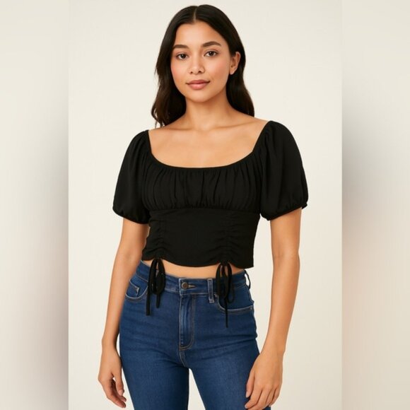 Active USA Women’s Black Puff Sleeve Ruched Crop Top Size L - Picture 1 of 5